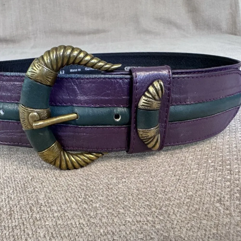 Vintage Geiger Wide Leather Belt Large Gold Buckle Sz S Purple Green Retro 550